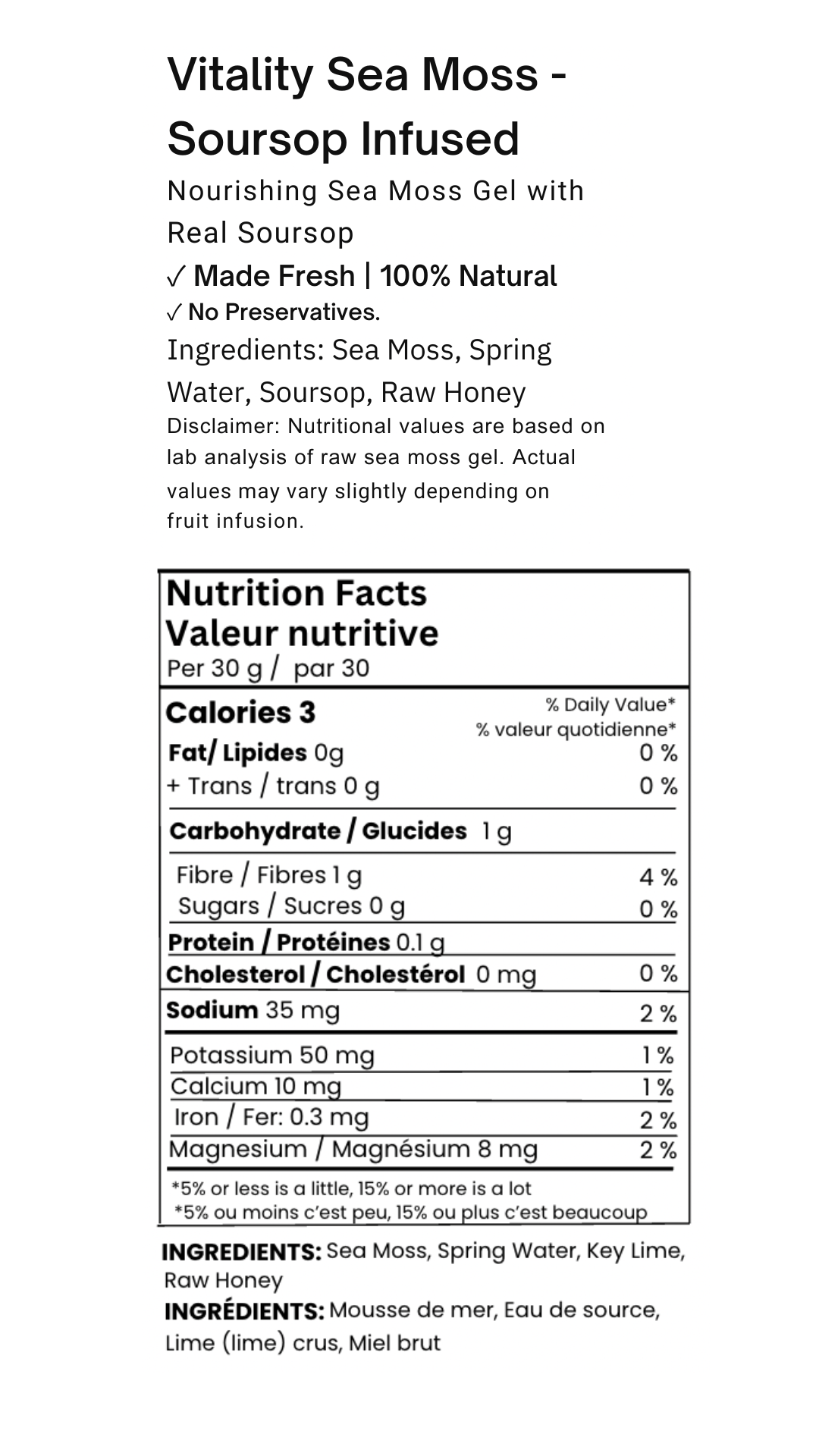 Nutritional facts table for Soursop Sea Moss