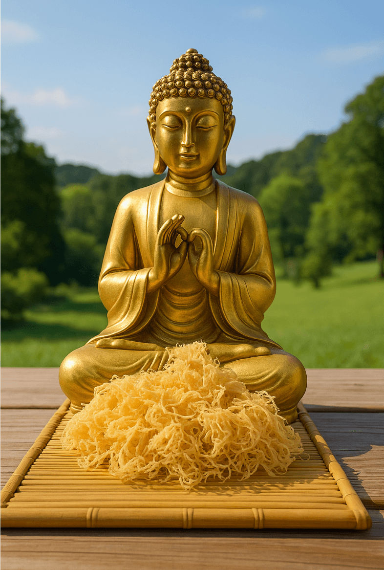 Wildcrafted St. Lucia sea moss with golden Buddha statue — symbol of natural purity and holistic wellness.