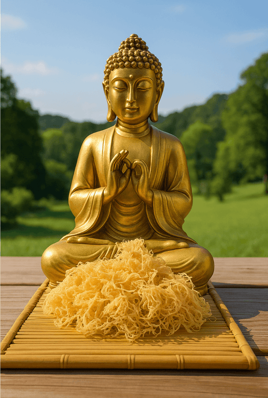 Wildcrafted St. Lucia sea moss with golden Buddha statue — symbol of natural purity and holistic wellness.