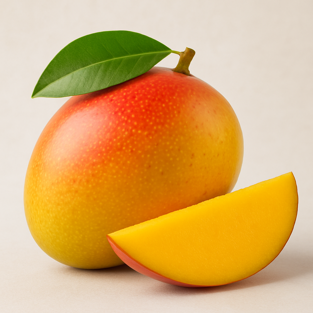 Close-up of a ripe mango with a green leaf and a fresh mango slice, highlighting the natural ingredients in mango sea moss gel, a superfood rich in magnesium for better sleep.